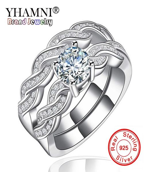 Yhamni joias finas clássico marquise cz diamante 2 anéis conjuntos sólido 925 prata banda anel de casamento joias de festa para mulheres kr1277743343
