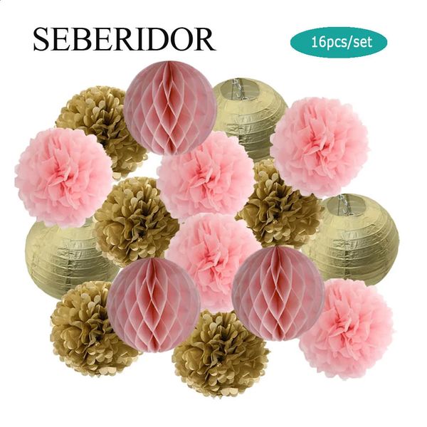 Ouro rosa conjunto redondo papel lanterna bola favo de mel diy pompom 6 8 10 12 para bebê menina menino batismo unicórnio festa de casamento favor 240127