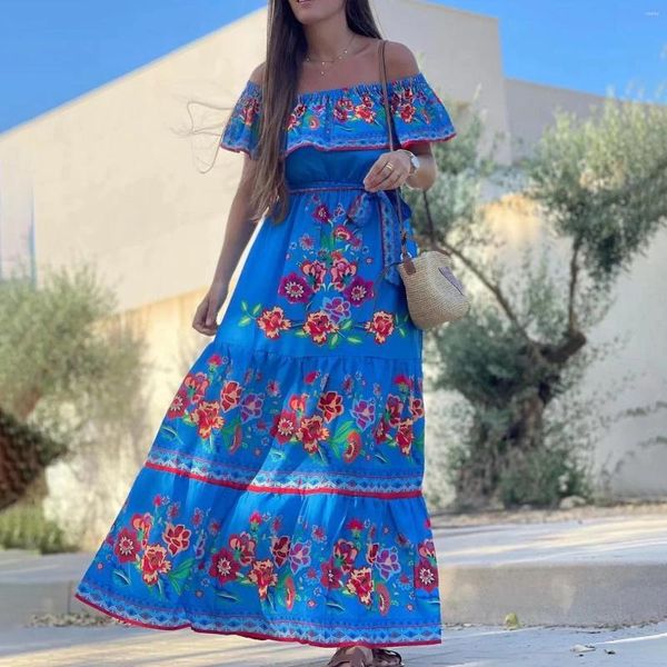 Freizeitkleider Damen Slash Neck Maxikleid Frühling Sommer Boho Roter Blumendruck Langer Swing Plus-Size Lockerer Urlaub Urlaub