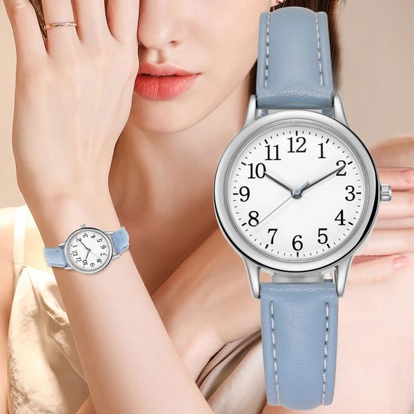 Japão movimento feminino relógio de quartzo fácil de ler algarismos árabes simples dial pulseira de couro do plutônio senhora doce cor 240118