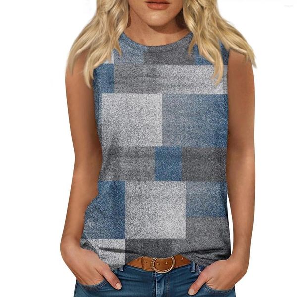 Kadın Tişörtleri Geometri Ekose Baskı Desen Tankları Toplar Kadın Sokak Giyim Y2K Yelek Omuz Kapalı Omuz Kılıç Kadın Kurtisül