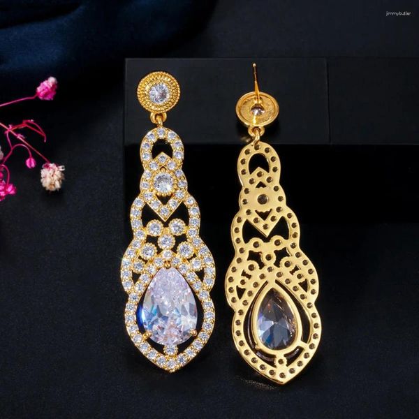 Baumelnde Ohrringe ThreeGraces Elegante Goldfarbe Klarer Kristall Big Teardrop Lange Braut Hochzeit Für Frauen Modeschmuck ER377