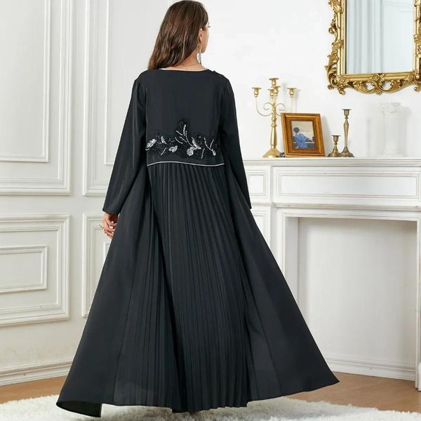 Roupas étnicas Médio Oriente Árabe Applique Cardigan Robe para Mulheres Dubai Abaya Moda Casual Mangas Compridas Vestido Preto Outono Solto