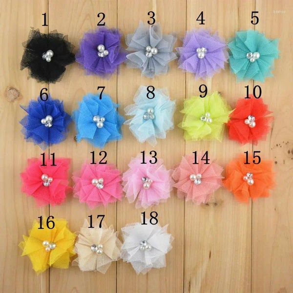 Haarschmuck 100 teile/los Großhandel Mini Tüll Mesh Chiffon Blume Strass Perle Mitte Flache Rückseite 18 Farbe Zubehör F27