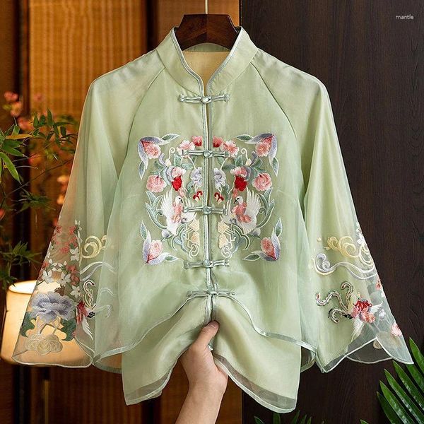 Ethnische Kleidung Frühling Elegant Grün Cheongsam Top Mode Chinesischer Stil Stickerei Weißes Hemd Frauen Traditioneller Vintage Slim Tang-Anzug