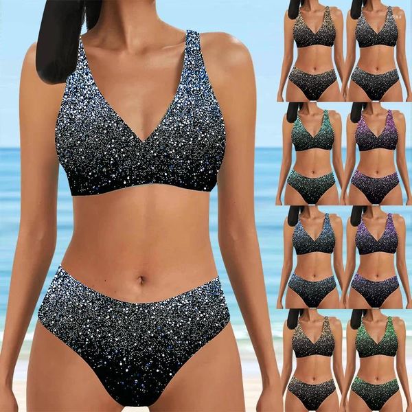 Damen Bademode Sommer Hochelastisches Bikini-Set mit einfachem Pailletten-Print Sexy Schnürung Urlaub Mode Strand Badeanzug S-5XL