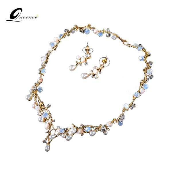 QUEENCO Kristall-Tropfen-Hochzeits-Schmuck-Sets, rheinfarbene Halsband-Halskette und Ohrringe, goldfarbene Braut-Schmuck-Sets für Frauen 9968277