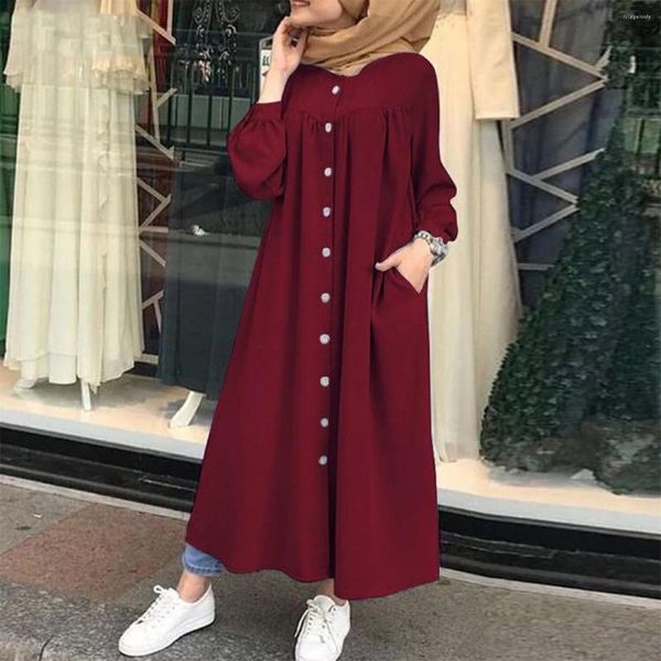 Ethnische Kleidung Ramadan Solide Langarm Muslim Hijab Hemd Kleid Casual Tasche Abaya Dubai Formale Afrikanische Kleider Für Frauen Islamischen