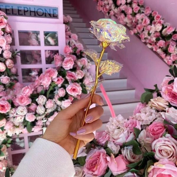 Flores decorativas 10 peças criativas dia dos namorados presente das mães 24k folha banhada rosas decoração de casamento artificial amante iluminação rosa