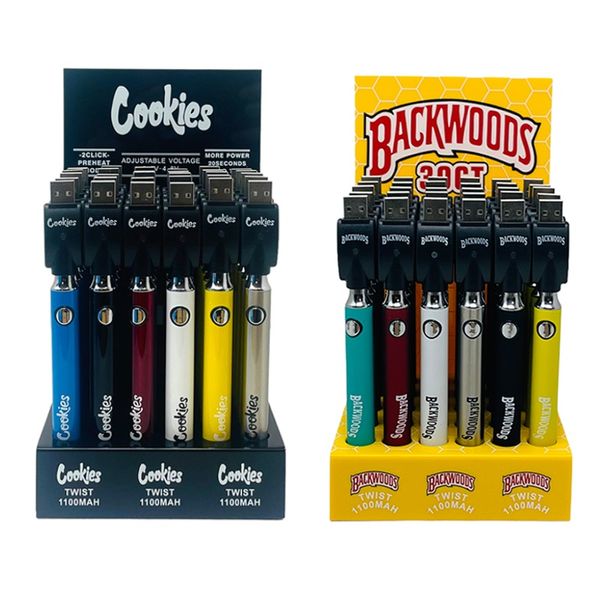 Backwoods Çerezleri 1100mAh Alt Twist Pil Ön ısıtma Ayarlanabilir Voltaj VV 510 Arabalar Kartuş Pilleri 30CT USB Şarj Cihazı 30 PCS Bir Ekran Kutusu