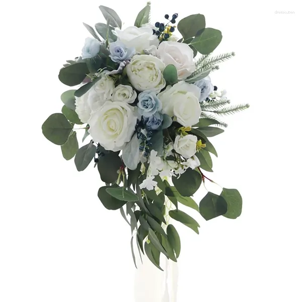Dekoratif Çiçekler Düğün Gelin Buket Romantik Beyaz Mavi Gül Kilise için Yapay Güller
