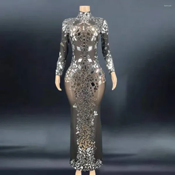 Palco desgaste preto perspectiva brilhante espelho lantejoulas sexy vestido longo para mulheres noite festa roupas cantor trajes baile veste