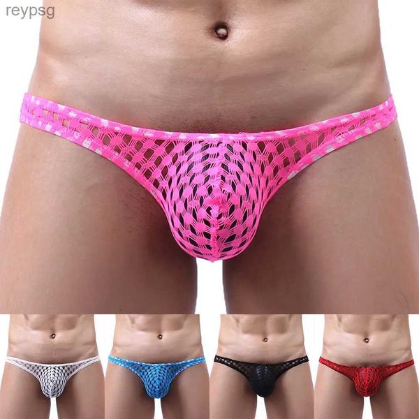 Cuecas calcinha quente sexy oco mens malha tangas g string bikini frente bolsa saco moda confortável respirável roupa interior lingerie yq240215