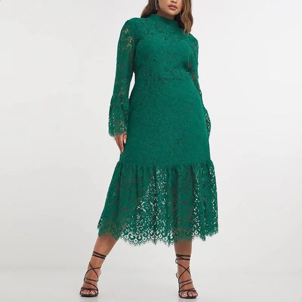 Plus size verde manga longa midi vestido 2024 elegante casual sexy vestidos de renda 5xl 240202