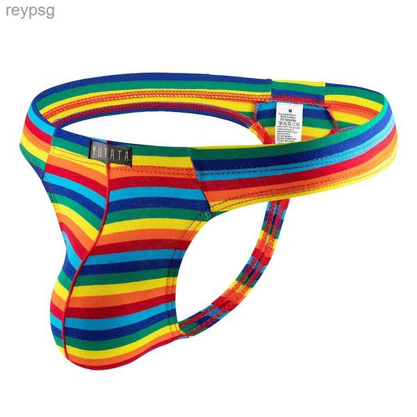 Slip Mutandine Uomo Micro Perizoma Sexy U Custodia convessa Lingerie Mutande Arcobaleno Stripe G-String Bikini Biancheria intima traspirante YQ240215