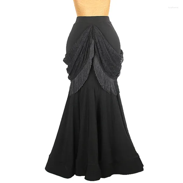 Сценическая одежда 2024 Юбка для бальных танцев Женская черная кружевная бахрома Длинная одежда для вальса Танго Латина NV19099