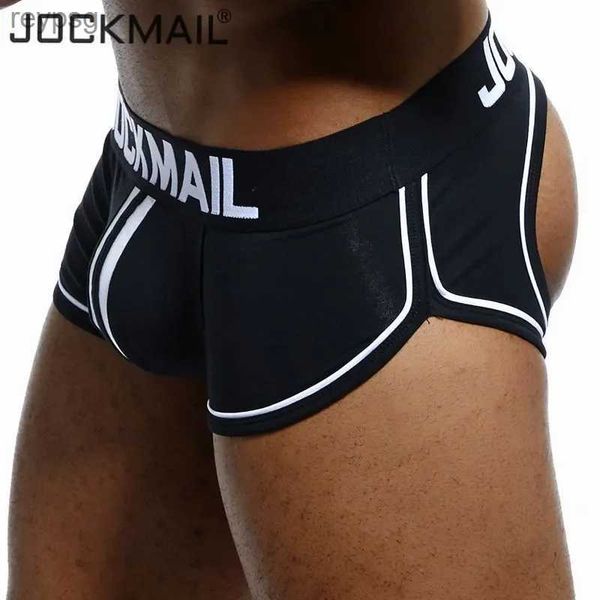 Slip Mutandine JOCKMAIL Marca Con apertura sul cavallo senza schienale G-stringhe Intimo uomo Sexy Gay Pene tanga Corto maschile Slip perizoma Sospensorio YQ240215