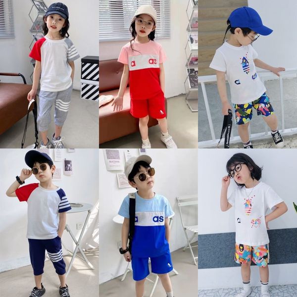 Verão T-shirts definir crianças bebê palma meninos meninas roupas estilista Quarter Cropped calças crianças juventude criança puro algodão conjunto de duas peças 63fN #