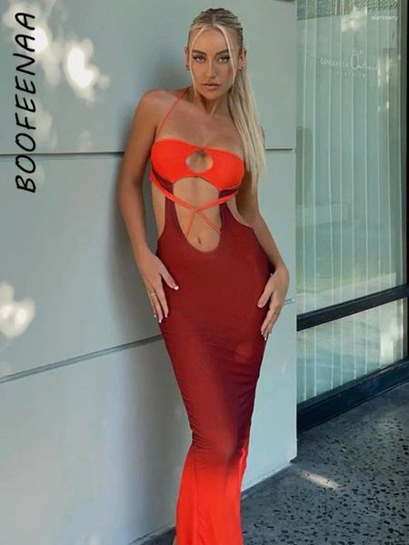 Sıradan Elbiseler Boofeenaa Gradient Turuncu Kesme Yular Uzun Elbise 2024 İlkbahar Yaz Seksi Tatil Kıyafetleri Sırtsız Bodycon C66-CG19