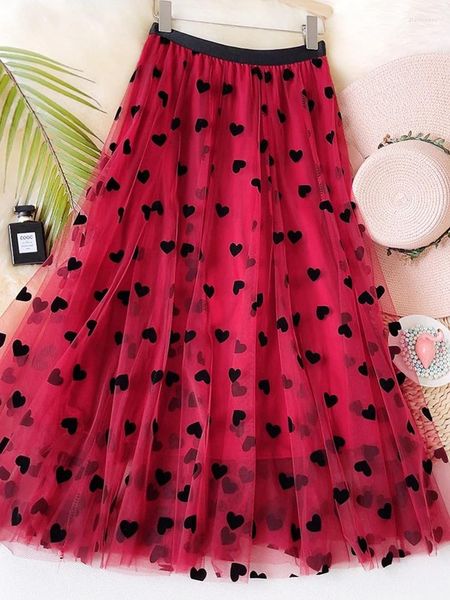 Gonne TIGENA Tulle Maxi Gonna Donna 2024 Primavera Estate Coreano Carino Modello di Cuore Floccaggio Maglia Grande Orlo A Vita Alta Lungo femminile