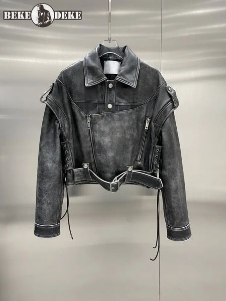 Luxus Vintage Damen 100 % echtes Rindsleder Moto Biker Jacke Designer Mantel Schnürung Gürtel Punk Bühnenshow Echtlederjacke 240129