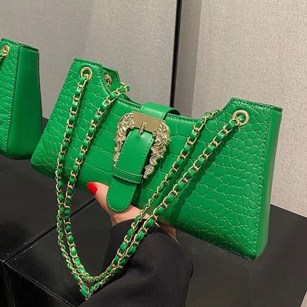 Sacos de noite moda feminina crocodilo padrão corrente bolsas de ombro 2024 luxo chique axilas embreagem azul verde axila