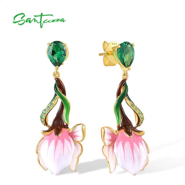 Santuzza puro 925 prata esterlina brincos para mulheres rosa esmalte flor verde spinel presentes de festa de casamento chique jóias finas 240127