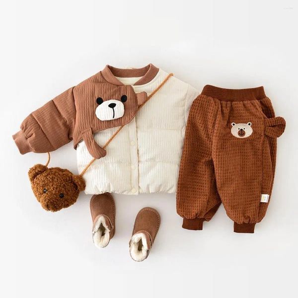 Куртки для младенцев, осенне-зимний хлопковый костюм, детский бархатный повседневный костюм с мультяшным медведем, утепленная модная теплая куртка для мальчиков и девочек