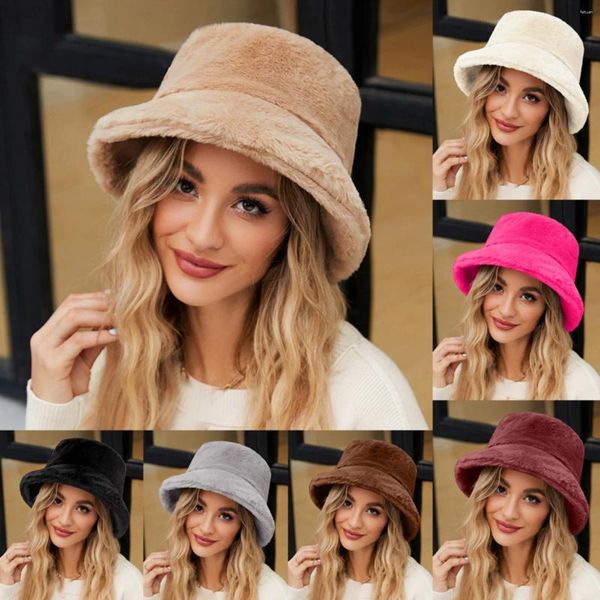 Berets Fuzzy Bucket Hat Für Frauen Faux Oberflächliches Wissen Flauschig Warm Weich Winter Fisherman Cap Trendige Hüte Strandkleid