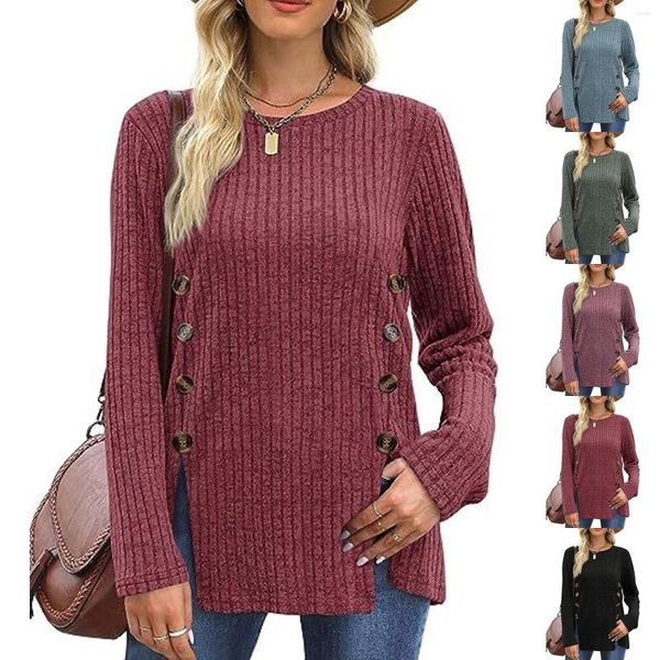 Женские блузки, модные боковые разрезы, дизайн пуговиц, кашемировый свитер, женская блузка, осень-зима, рубашки с длинными рукавами и круглым вырезом, футболка в рубчик