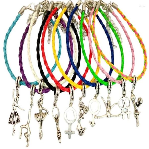 Braccialetti con ciondoli Cheerleader Ragazza che balla Dea della fertilità Segno femminile Ginnasta Charms Bracciale in pelle intrecciata per gioielli per bambini