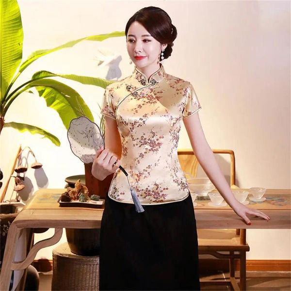 Damenblusen, Damen-Cheongsam-Hemd, chinesischer Stil, Pflaumendruck, Sommer-Top, exquisite Schnallen, Stehkragen für Hochzeit