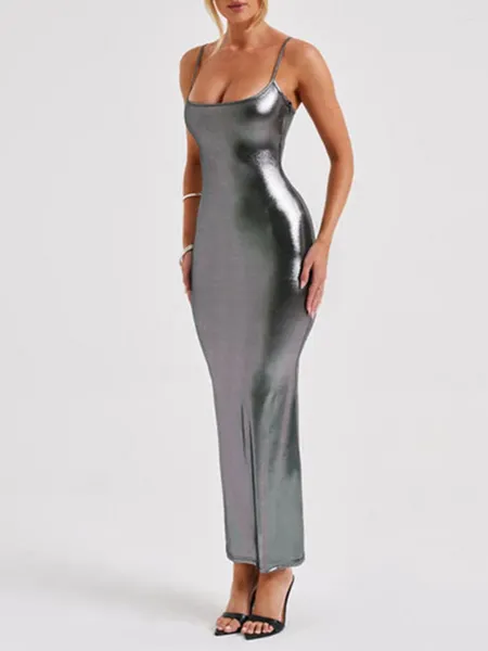 Sıradan elbiseler kadınlar kolsuz metalik uzun elbise spagetti kayış sırtsız bodycon maxi seksi katı ince takılmış cami