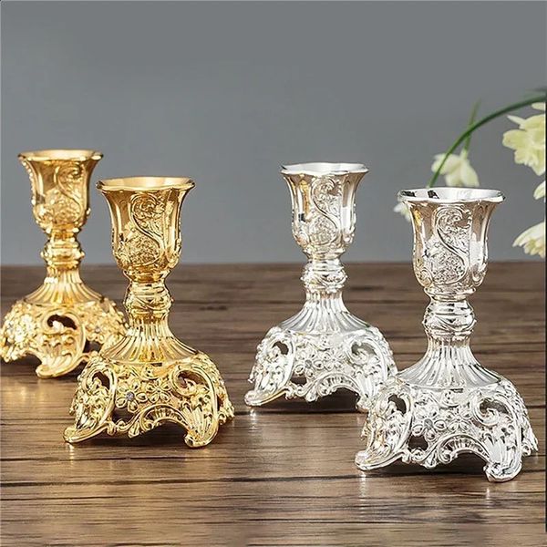 2 pçs retro castiçal ouro prata castiçal peças centrais do casamento suportes banquete decorações de mesa de jantar ornamentos 240125