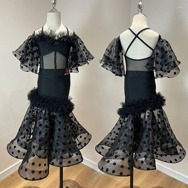 Bühnenkleidung Schwarzes schulterfreies Tango-Ballsaaltanz-Performance-Kostüm für Mädchen Walzer-Wettbewerbskleid Polka Dots 2-teiliges Kleid VDB7496