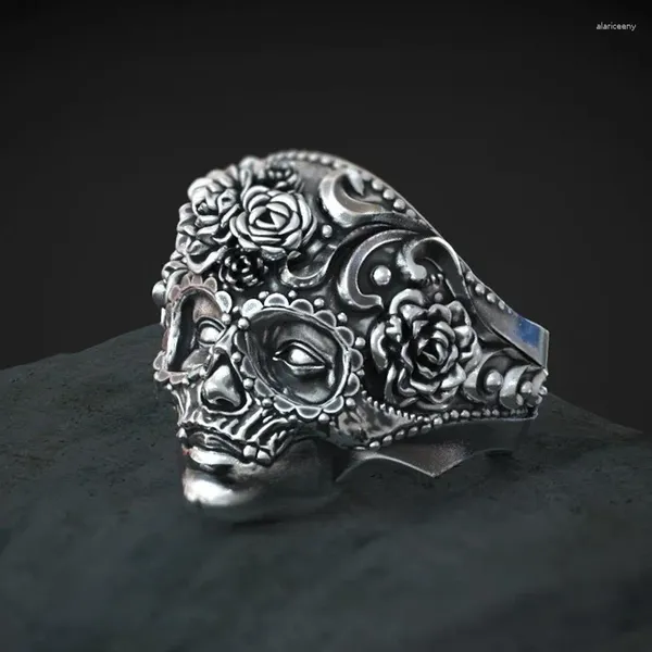 Cluster-Ringe FDLK Einzigartige Silberfarbe Carbide Heavy Sugar Skull Ring Herren Mandala Blume Biker Punk Schmuck Größe 7-14 #