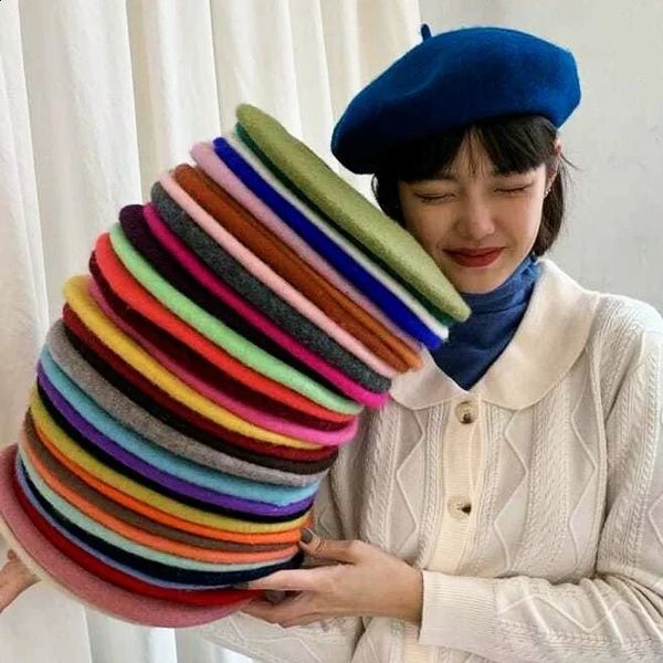 Boinas de lã feminina estilo artista francês quente inverno gorro chapéu retro simples boina cor sólida elegante senhora todos combinados outono bonés 240118