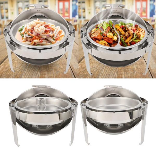 Conjuntos de panelas Chafing Dish Buffet Set Aço Inoxidável Chafer 6L Catering Alimentos Aquecedor Álcool Aquecimento Visível Tampa De Vidro Redondo