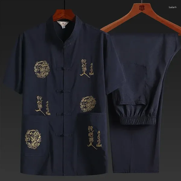 Roupas étnicas Homens Tradicionais Traje Chinês Conjunto de 2 peças Camisa de Manga Curta Calças Respirável Bordado Tang Terno Casual