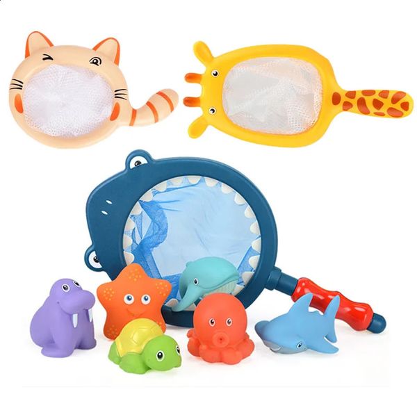 Giocattoli da pesca Borsa in rete Raccogli anatra Pesce Giocattolo per bambini Corsi di nuoto Giochi estivi Bambole da bagno con acqua nebulizzata Giocattoli da bagno 240130