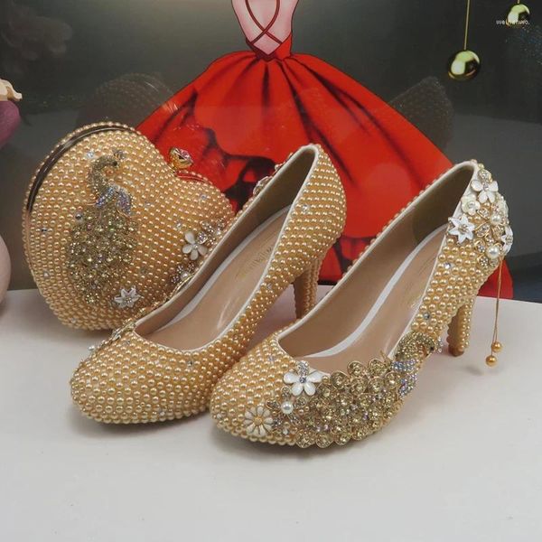 Sapatos de vestido BaoYaFang Champagne Gold Nupcial Casamento e Bolsa Mulher Redondo Toe Feminino Festa Rasa Moda Alta Bombas