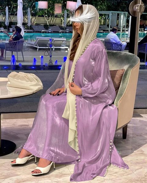 Roupas étnicas Marrocos Caftan Muçulmano Abaya Mulheres Vestido 2 Peça Set Beads Cetim Kimono Abayas Vestidos Dubai Árabe Cardigan Islam Outwear