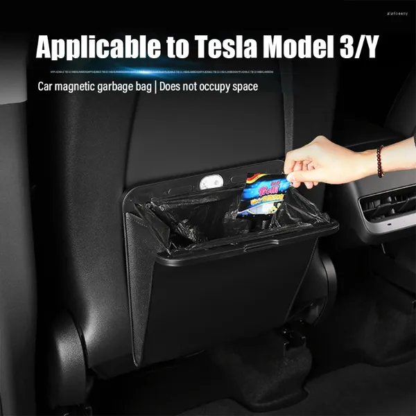 Accessori interni per Tesla Modello 3 Y Sacchetto della spazzatura per auto in pelle Impermeabile Adsorbimento magnetico Pattumiera Sedile posteriore a prova di perdite sospeso