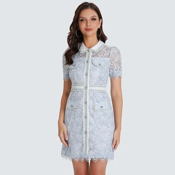 Abiti casual 2024 abito elegante di lusso da donna femminile blu vita sottile manica corta dritto abbigliamento da lavoro abiti Femme