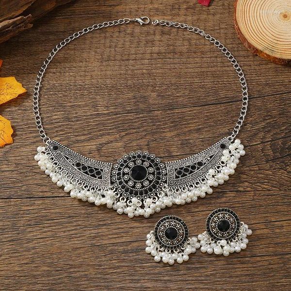 Комплект ожерелья и серег в этническом стиле с черным хрустальным жемчугом, ожерелья для женщин, богемный резной цветок, эффектный свадебный подарок для вечеринки