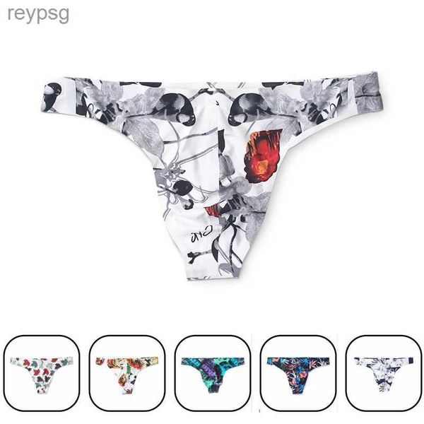 Slip Mutandine Seta ghiaccio Senza cuciture Sissy Uomo Infradito e perizoma Stampa sexy Custodia per pene Bikini Intimo uomo Cueca Plus Taglia M-XXL YQ240215