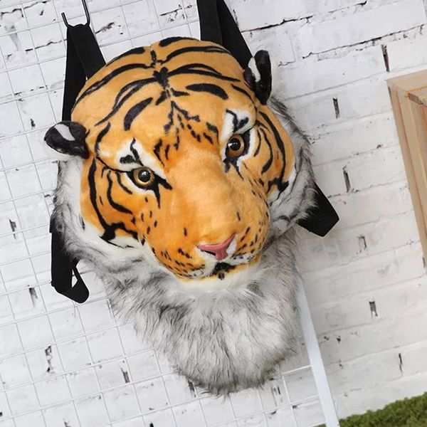 Mochila de pelúcia vida real tigre leopardo panda cabeça mochileiro escola sacos de animais saco de pelúcia brinquedos presentes de aniversário de natal qb171 240201