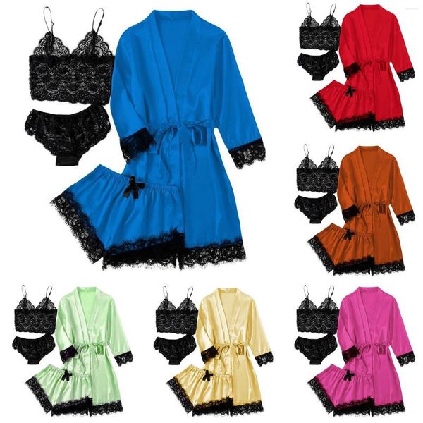 Damen-Nachtwäsche, Pyjama-Sets für Damen, 4-teilig, Spitze, langärmelig, Strickjacke, Roben mit kurzen Hosen, Spaghettiträger, sexy Dessous