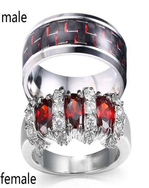 Sz612 DOIS ANÉIS Casal Anel Seu Hers Ruby S925 Prata Women039s Anel Vermelho Fibra de Carbono Aço Inoxidável Mens Ring9124941