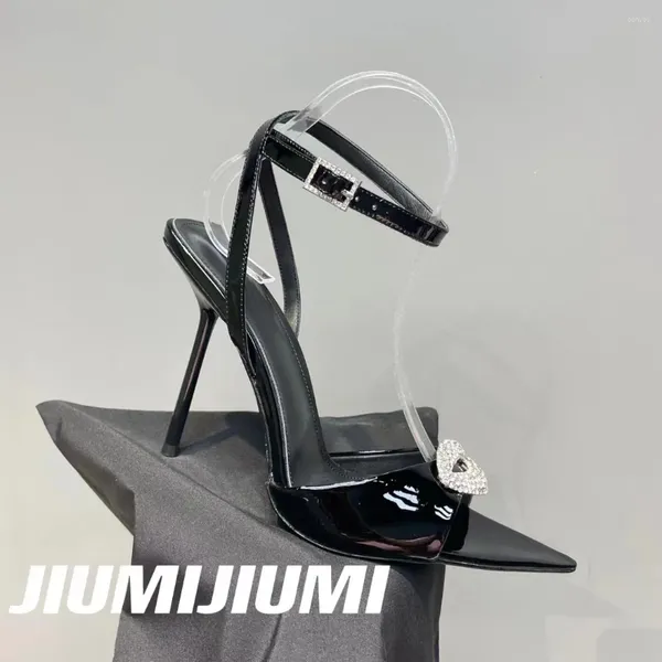 Сандалии 2024 JIUMIJIUMI, сексуальные женские лакированные кожаные сандалии ручной работы с ремешком на щиколотке, острый носок, тонкий каблук, декор с кристаллами